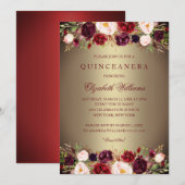 Elegant Goud Bourgogne Roos Quinceanera Invite Kaart (Voorkant / Achterkant)