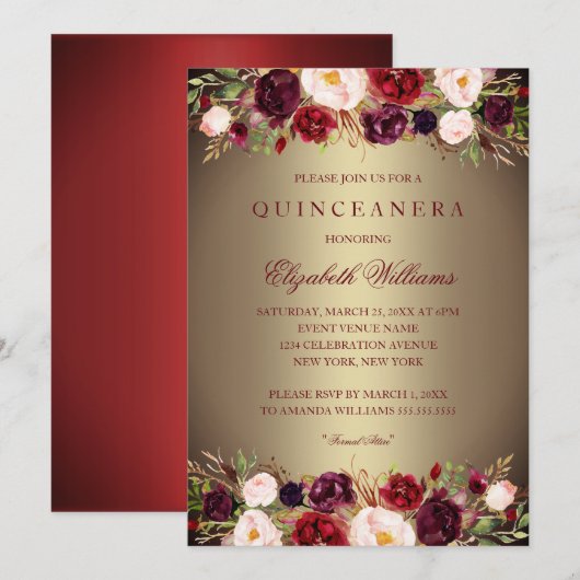 Elegant Goud Bourgogne Roos Quinceanera Invite Kaart (Voorkant / Achterkant)