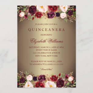 Elegant Goud Bourgogne Roos Quinceanera Invite Kaart