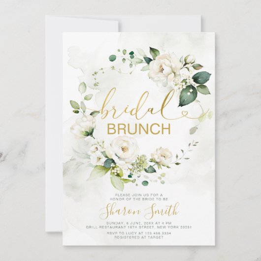 Elegant Goud Bruids Brunch Douche Wit Bloemen Kaart (Voorkant)