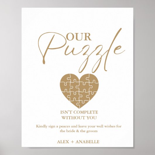 Elegant Goud Bruiloft Puzzel Gastenboek Teken Poster (Voorkant)