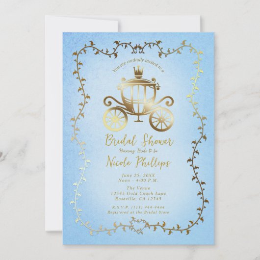 Elegant Goud Carriage Blauw Storybook Bridal Kaart (Voorkant)