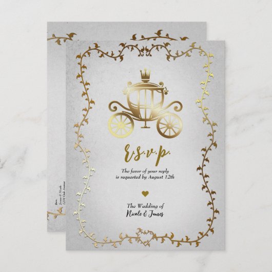 Elegant Goud Carriage Storybook Bruiloft R.S.V.P. Aankondigingskaart (Voorkant / Achterkant)