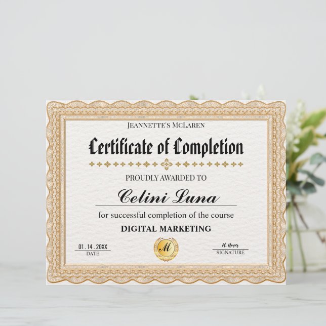 Elegant Goud Certificaat van Voltooiing - Modern (Staand voorkant)