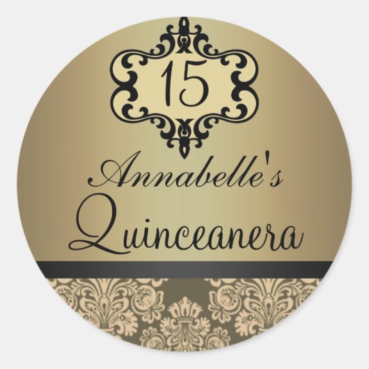 Elegant Goud Chic Damask Quinceanera Sticker (Voorkant)