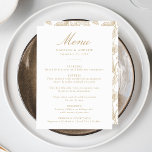 Elegant Goud Chinoiserie Victoriaans Bloemen Bruil Menu<br><div class="desc">Verhoog uw huwelijksreceptie met onze Elegant Gold Chinoiserie Floral huwelijksmenu. Ontworpen met sierlijke gouden kalligrafie op een schone witte achtergrond, is dit menu volledig aanpasbaar met uw namen, trouwdatum en menudetails. De achterkant heeft een prachtig gouden en witte Chinoiserie-bloemmotief, waardoor je een vleugje klassieke elegantie toevoegt aan je tafeldecor. Een...</div>