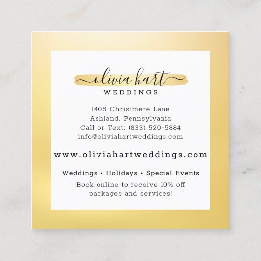 Elegant Goud Chique Paint Swash Logo Custom Stylis Vierkante Visitekaartje (Achterkant)