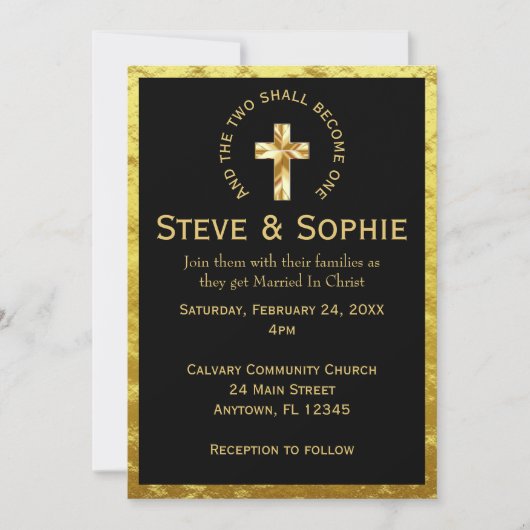 Elegant Goud Christelijk Kruis Zwart Bruiloft Kaart (Voorkant)