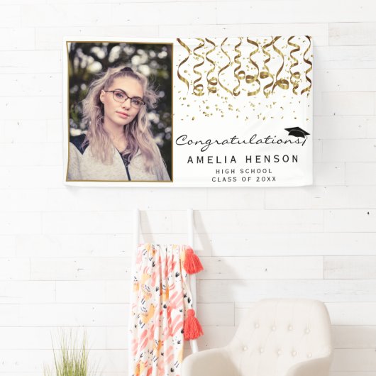 Elegant Goud Confetti Afstuderen Fotobanner Spandoek (Insitu)