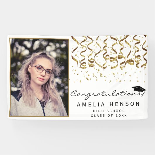Elegant Goud Confetti Afstuderen Fotobanner Spandoek (Horizontaal)