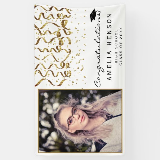 Elegant Goud Confetti Afstuderen Fotobanner Spandoek (Verticaal)
