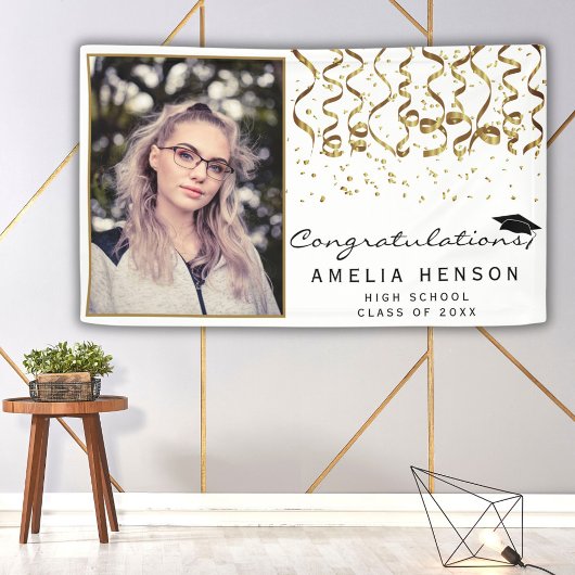 Elegant Goud Confetti Afstuderen Fotobanner Spandoek