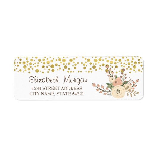 Elegant, Goud Confetti, Bloemen Adreslabel Etiket (Voorkant)