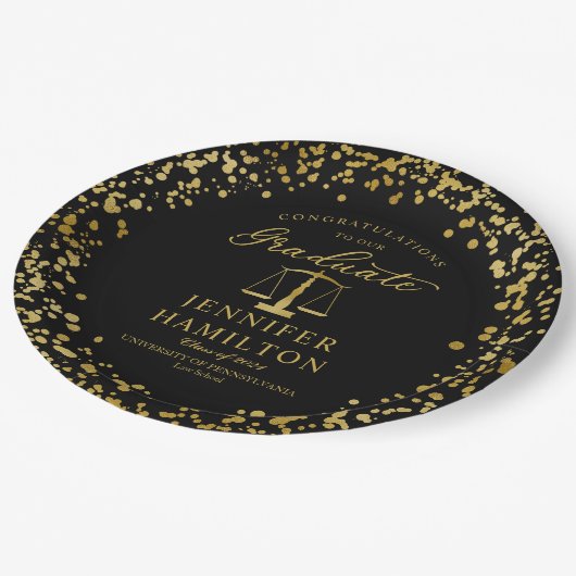 Elegant Goud Confetti Law School Afstuderen Zwart Papieren Bordje (Gekanteld)