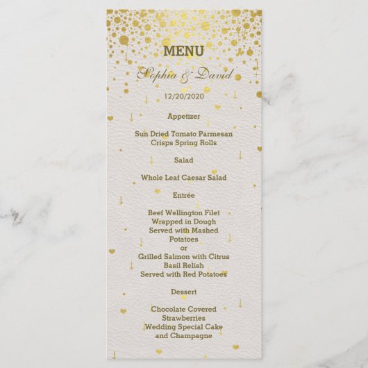 Elegant Goud Confetti Wit Lederen Bruiloft Menu (Voorkant)