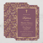 Elegant Goud Cross Script Bloemen Doop Kaart (Voorkant / Achterkant)