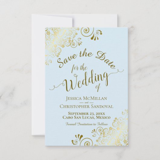 Elegant Goud Curly Filigree op Poeder Blauw Bruilo Save The Date (Voorkant)