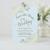 Elegant Goud Curly Filigree op Poeder Blauw Bruilo Save The Date (Staand voorkant)