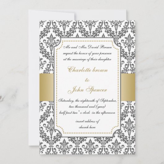 elegant goud, damask bruiloft uitnodiging (Voorkant)