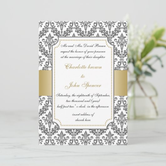 elegant goud, damask bruiloft uitnodiging (Staand voorkant)