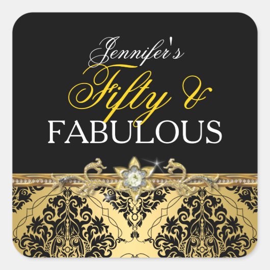 Elegant Goud Damask Vijftig en Fabulous 2 Vierkante Sticker (Voorkant)