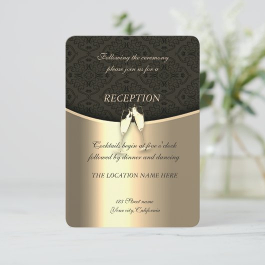 Elegant Goud,Damask,Wijn Glazen Bruiloftsreceptie Kaart (Staand voorkant)