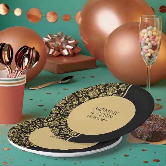 Elegant goud damast & zwart split screen papieren bordje (Multi)