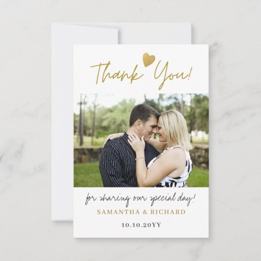Elegant goud Dank u Hart Trouwfoto Bedankkaart (Voorkant)