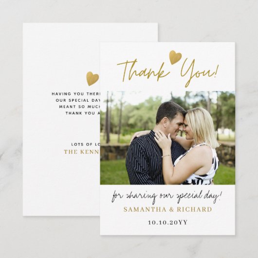 Elegant goud Dank u Hart Trouwfoto Bedankkaart (Voorkant / Achterkant)