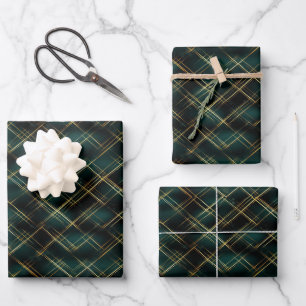 Elegant Goud & Donkergroen Tartan Plaid Kerst Inpakpapier Vel