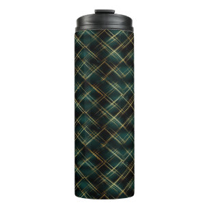 Elegant Goud & Donkergroen Tartan Plaid Kerst Thermosbeker
