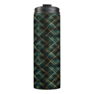 Elegant Goud & Donkergroen Tartan Plaid Kerst Thermosbeker