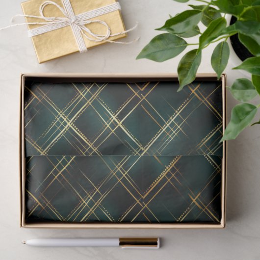 Elegant Goud & Donkergroen Tartan Plaid Kerst Tissuepapier (Geschenk)