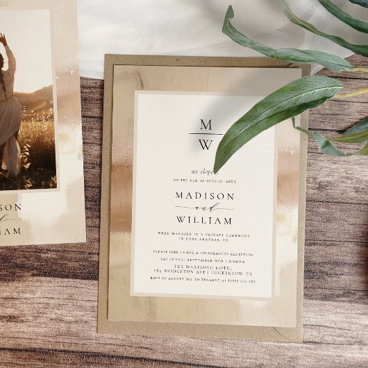 Elegant Goud Elopement Bruiloft Receptie Kaart