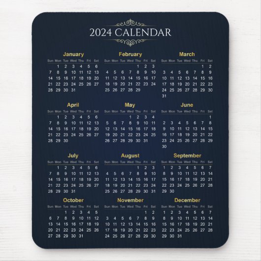 Elegant Goud en Blauw 2024 Kalender | Mousepad Muismat (Voorkant)