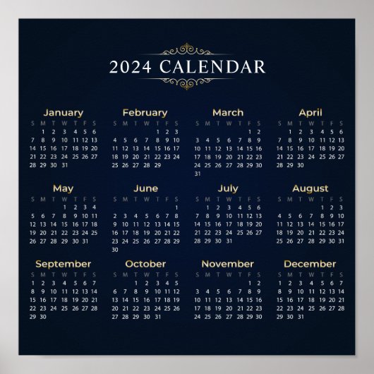Elegant Goud en Blauw 2024 Kalender | POSTER (Voorkant)