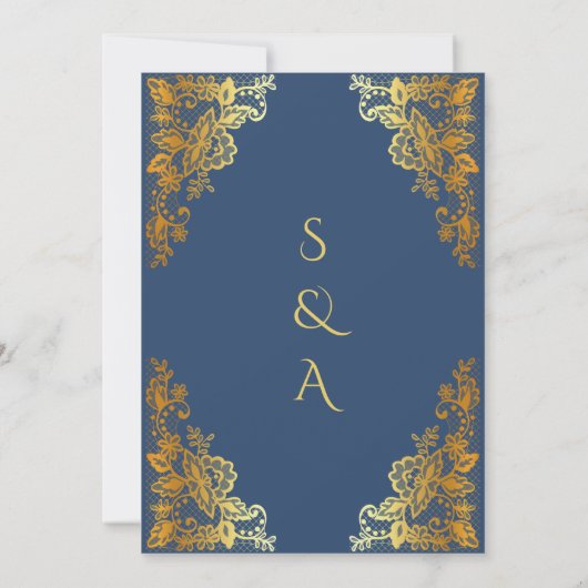 Elegant Goud en Blauw Arabisch en Engels Bruiloft Kaart (Achterkant)