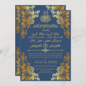 Elegant Goud en Blauw Arabisch en Engels Bruiloft Kaart (Voorkant / Achterkant)