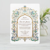 Elegant goud en blauw bruiloft vintage versiersels kaart (Staand voorkant)