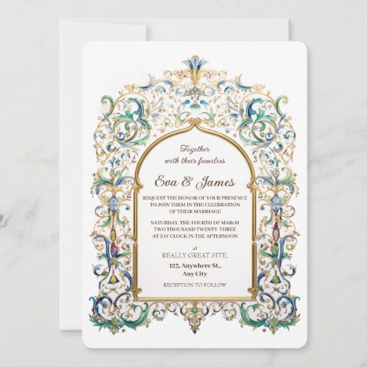 Elegant goud en blauw bruiloft vintage versiersels kaart (Voorkant)