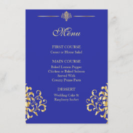 Elegant Goud en Blauw Damask Bruiloft Menu