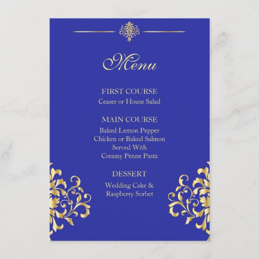 Elegant Goud en Blauw Damask Bruiloft Menu (Voorkant)