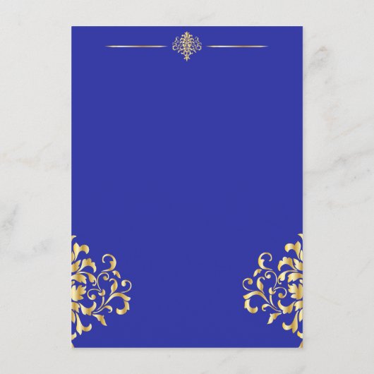 Elegant Goud en Blauw Damask Bruiloft Menu (Achterkant)