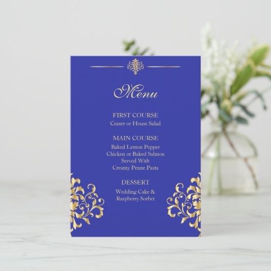 Elegant Goud en Blauw Damask Bruiloft Menu (Staand voorkant)