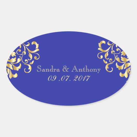 Elegant Goud en Blauw Damask Bruiloft Stickers (Voorkant)
