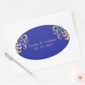 Elegant Goud en Blauw Damask Bruiloft Stickers (Envelop)