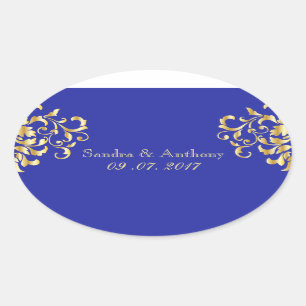 Elegant Goud en Blauw Damask Bruiloft Stickers