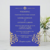 Elegant Goud en Blauw Damask Bruiloft Uitnodiging (Staand voorkant)