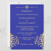 Elegant Goud en Blauw Damask Bruiloft Uitnodiging (Voorkant)