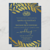 Elegant Goud en Blauw Islamitisch Bruiloft Kaart (Voorkant / Achterkant)